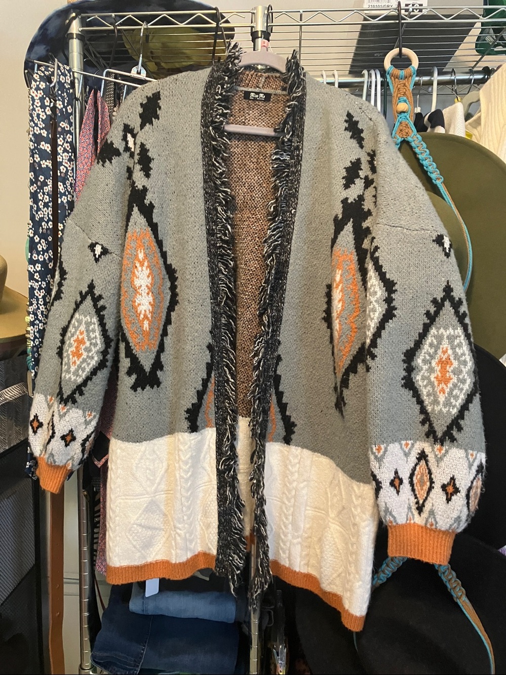 Miss Me Oversized Gray, Orange & Cream Geometric Open-Front Western Cardigan